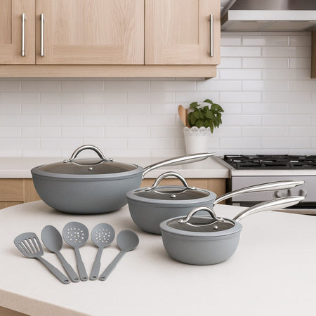 Set Padelle Induzione Pietra Antiaderenti 20/24/28 cm con Coperchi e 5mestoli Grigio