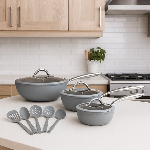 Set Padelle Induzione Pietra Antiaderenti 20/24/28 cm con Coperchi e 5mestoli Grigio