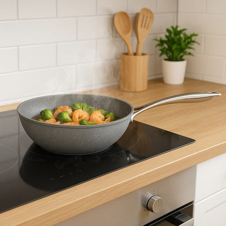 Set Padelle Induzione Pietra Antiaderenti 20/24/28 cm con Coperchi e 5mestoli Grigio