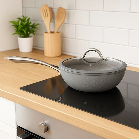 Set Padelle Induzione Pietra Antiaderenti 20/24/28 cm con Coperchi e 5mestoli Grigio