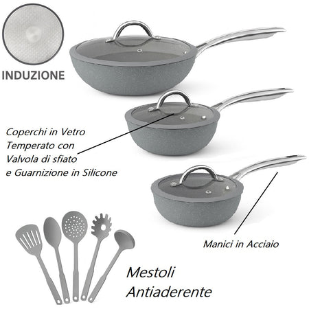 Set Padelle Induzione Pietra Antiaderenti 20/24/28 cm con Coperchi e 5mestoli Grigio