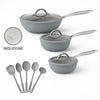 Set Padelle Induzione Pietra Antiaderenti 20/24/28 cm con Coperchi e 5mestoli Grigio