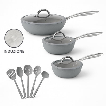 Set Padelle Induzione Pietra Antiaderenti 20/24/28 cm con Coperchi e 5mestoli Grigio