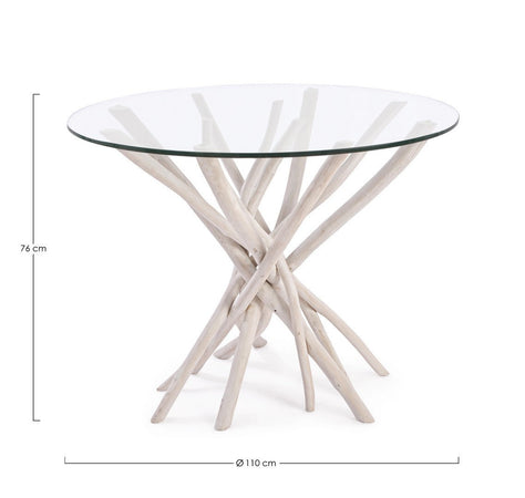 Tavolo "C-V Sahel", con gambe in rami di teak, piano in vetro temperato, stile moderno