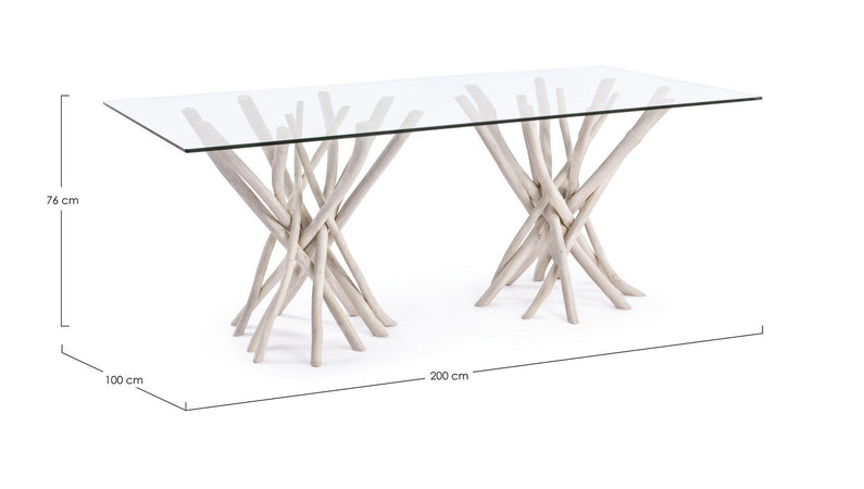 Tavolo "C-V Sahel", con gambe in rami di teak, piano in vetro temperato, stile moderno