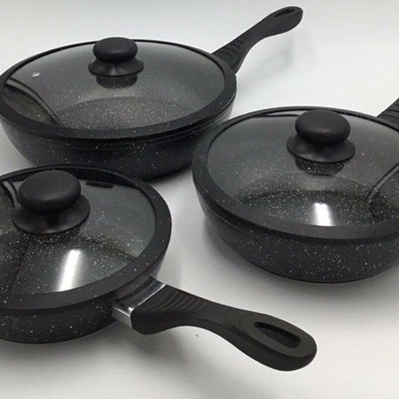 Set Padelle Induzione Pietra Antiaderenti 20/24/28 cm con Coperchi in Vetro Nero