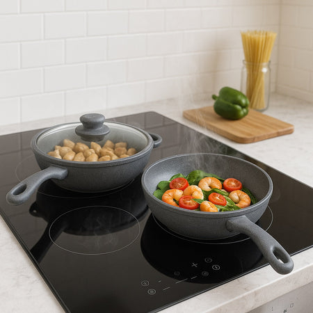 Set Padelle Induzione Pietra Antiaderenti 20/24/28 cm con Coperchi in Vetro Grigio