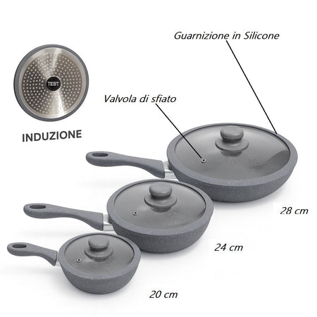 Set Padelle Induzione Pietra Antiaderenti 20/24/28 cm con Coperchi in Vetro Grigio