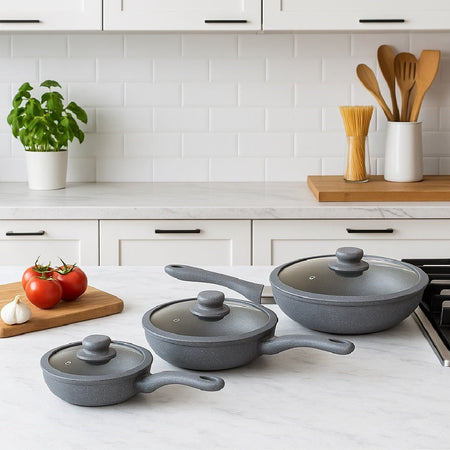 Set Padelle Induzione Pietra Antiaderenti 20/24/28 cm con Coperchi in Vetro Grigio