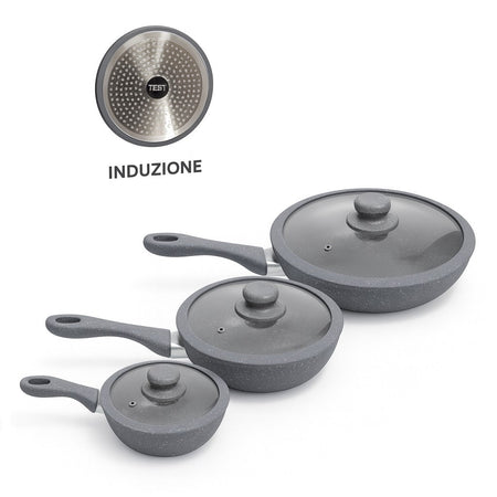 Set Padelle Induzione Pietra Antiaderenti 20/24/28 cm con Coperchi in Vetro Grigio