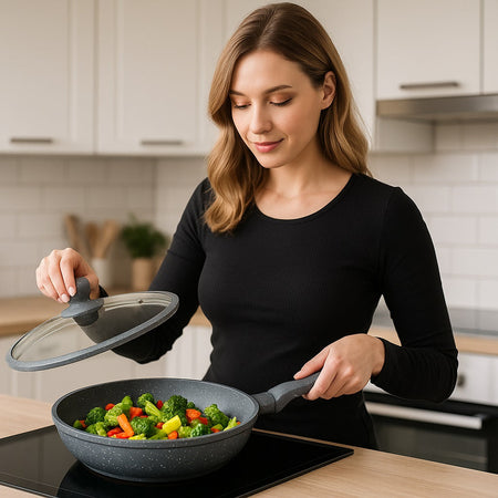 Set Padelle Induzione Pietra Antiaderenti 20/24/28 cm con Coperchi in Vetro Grigio