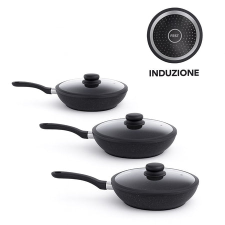Set Padelle Induzione Pietra Antiaderenti 20/24/28 cm con Coperchi in Vetro Nero