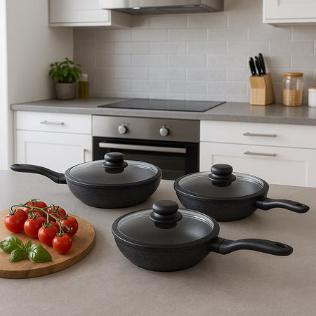 Set Padelle Induzione Pietra Antiaderenti 20/24/28 cm con Coperchi in Vetro Nero