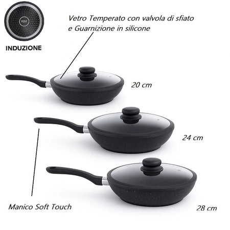 Set Padelle Induzione Pietra Antiaderenti 20/24/28 cm con Coperchi in Vetro Nero