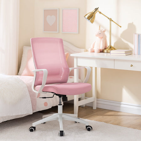 Poltrona Sedia Ufficio Bianco e Rosa Regolazione Altezza 5Ruote Studio Cameretta