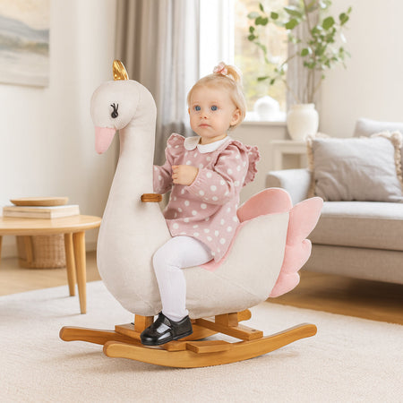 Cigno Cavallo a Dondolo per Bambini Rivestimento in Peluche Cinture di Sicurezza