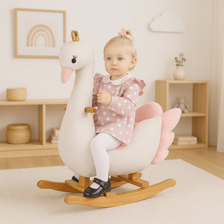 Cigno Cavallo a Dondolo per Bambini Rivestimento in Peluche Cinture di Sicurezza