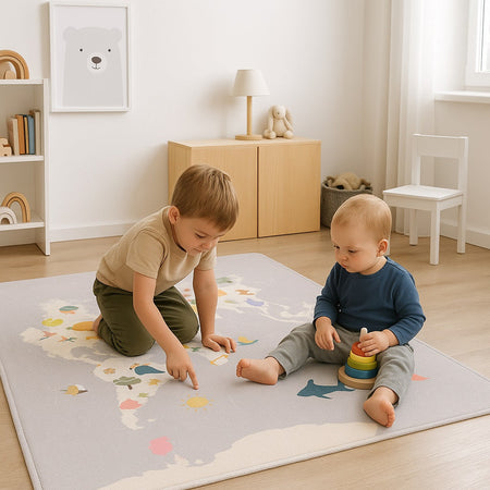 Tappeto Cameretta Bambini 80x140 Grigio Morbido Mondo Animali in Polyestere e Spugna