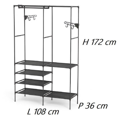 Armadio Salvaspazio Metallo e Tessuto 6 Ripiani Appendiabiti 108x36x170cm Nero