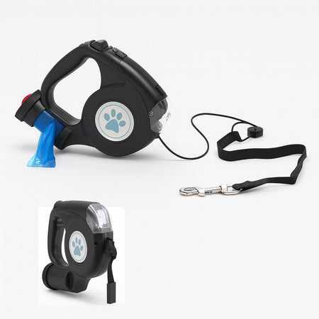 Guinzaglio Retrattile 3in1 con Luce Led e Porta Sacchetti Igienici 5Metri Nero o Grigio