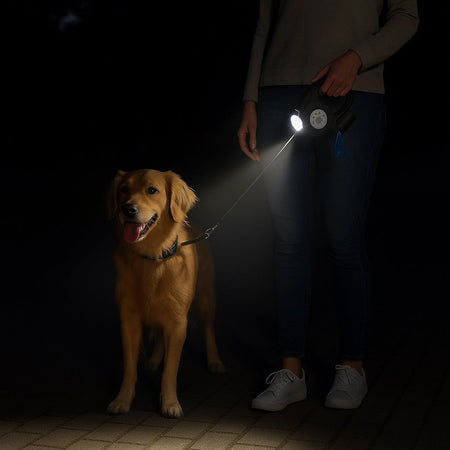 Guinzaglio Retrattile 3in1 con Luce Led e Porta Sacchetti Igienici 5Metri Nero o Grigio