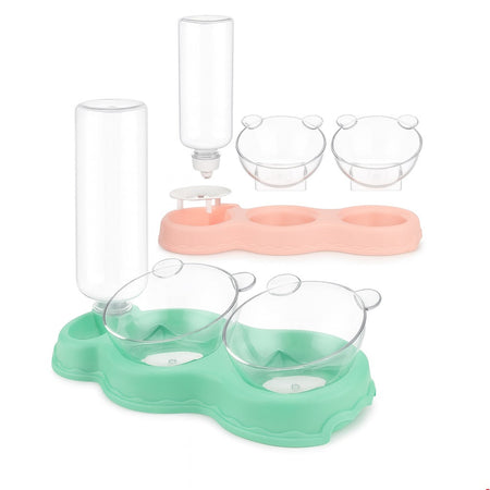 Mangiatoia Cani Gatti 3 Posti in ABS Colorato con Ciotole cibo e Dispenser Acqua 500ml vari colori