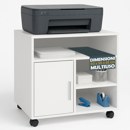 Mobile Porta Stampante con Anta e Ripiani Mobiletto Ufficio Multiuso 60x50x65cm