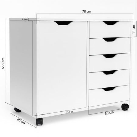 Schedario da Ufficio Porta Stampante Mobile Cassettiera 5 Cassetti 1 Anta Bianco