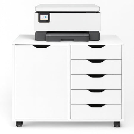 Schedario da Ufficio Porta Stampante Mobile Cassettiera 5 Cassetti 1 Anta Bianco