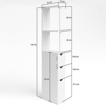 Mobile Bagno Alto Salvaspazio in Legno con 3 Cassetti e 2 Ripiani 33x15x136cm