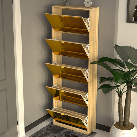 Scarpiera 5 Ante a Specchio Marrone Slim con Maniglia Salvaspazio 59x22x169.5cm