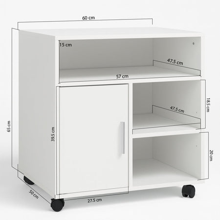 Mobile Porta stampante bianco con anta e ripiani 60x50x65 cm mobiletto ufficio