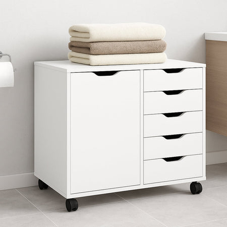 Mobile da Ufficio Porta Stampante e Documenti 5 Cassetti 1 Anta Bianco con Ruote