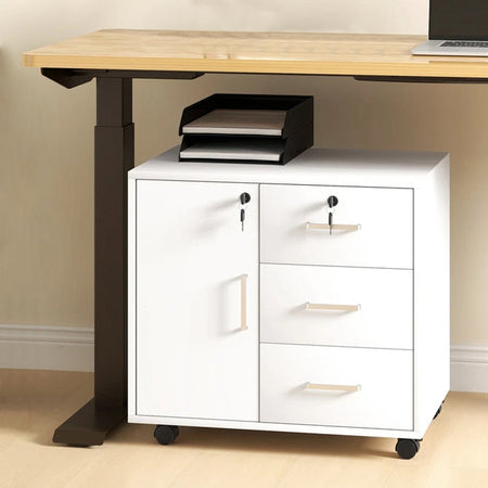 Mobile da Ufficio Multifunzione 3 Cassetti Chiave e 4ruote Porta Stampante Legno Bianco