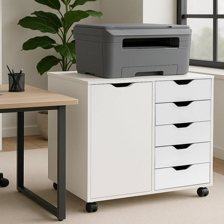 Mobile da Ufficio Porta Stampante e Documenti 5 Cassetti 1 Anta Bianco con Ruote