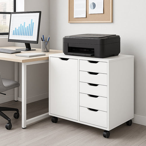 Mobile da Ufficio Porta Stampante e Documenti 5 Cassetti 1 Anta Bianco con Ruote