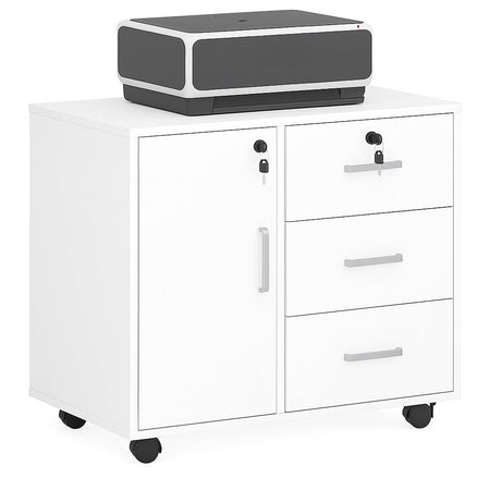 Mobile da Ufficio Multifunzione 3 Cassetti Chiave e 4ruote Porta Stampante Legno Bianco