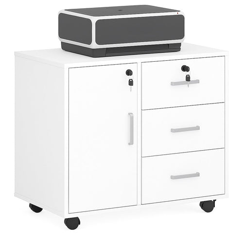 Mobile da Ufficio Multifunzione 3 Cassetti Chiave e 4ruote Porta Stampante Legno Bianco