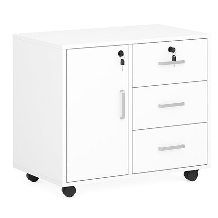 Mobile da Ufficio Multifunzione 3 Cassetti Chiave e 4ruote Porta Stampante Legno Bianco