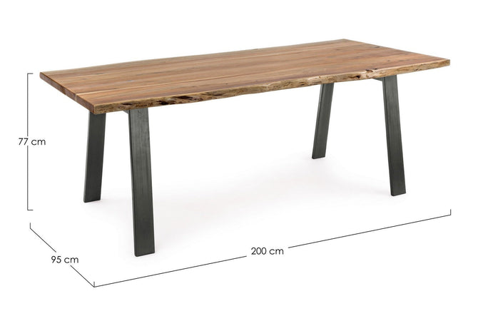Tavolo Aron rettangolare, con gambe in acciaio, piano in legno di acacia, stile moderno