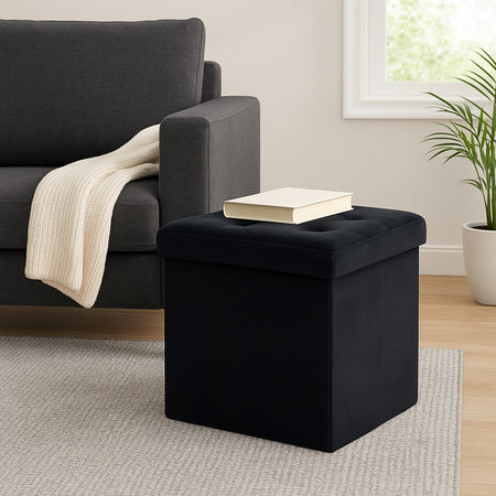 Pouf Pieghevole in Velluto Nero 38x38x38 cm Salvaspazio con Coperchio Design Moderno
