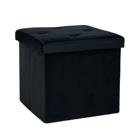 Pouf Pieghevole in Velluto Nero 38x38x38 cm Salvaspazio con Coperchio Design Moderno