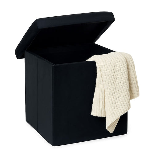Pouf Pieghevole in Velluto Nero 38x38x38 cm Salvaspazio con Coperchio Design Moderno