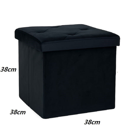Pouf Pieghevole in Velluto Nero 38x38x38 cm Salvaspazio con Coperchio Design Moderno