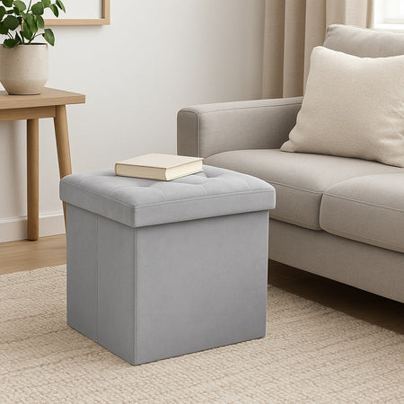 Pouf Pieghevole in Velluto Grigio 38x38x38 cm Salvaspazio con Coperchio Design Moderno