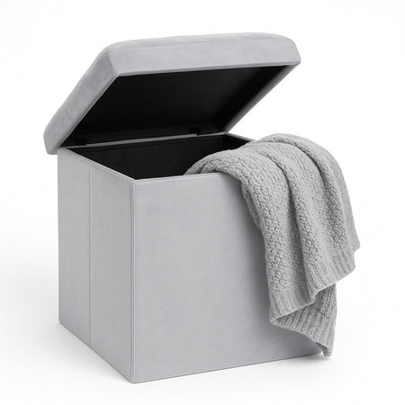Pouf Pieghevole in Velluto Grigio 38x38x38 cm Salvaspazio con Coperchio Design Moderno