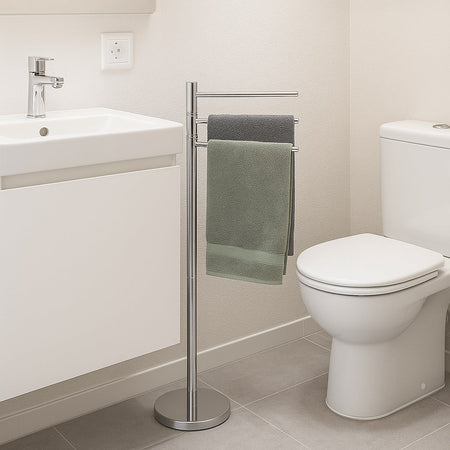 Piantana da Bagno Porta Asciugamani in Acciaio Inox Smaltato Cromo 3 Braccia Girevoli