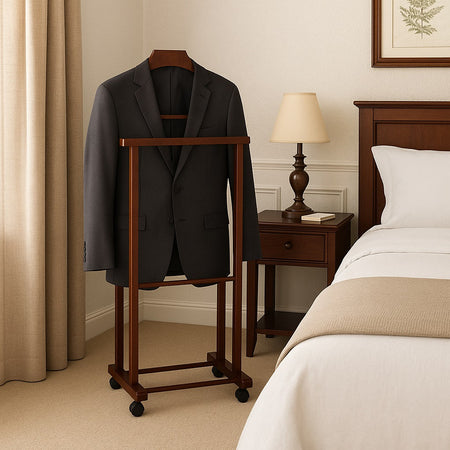 Appendiabiti Indossatore in Legno di Faggio colore Noce Servo Muto con Ruote 43x33x105 cm