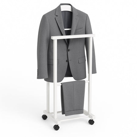 Appendiabiti Indossatore in Legno di Faggio colore Bianco Servo Muto con Ruote 43x33x105 cm