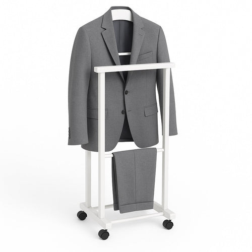 Appendiabiti Indossatore in Legno di Faggio colore Bianco Servo Muto con Ruote 43x33x105 cm